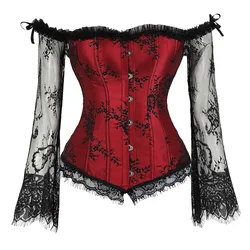 Vintage Corselet Steampunk Lace Floral Corsets and Bustiers Lace Up Long Sleeves Off Shoulder Sexy korset Corsage Corcepet Tops