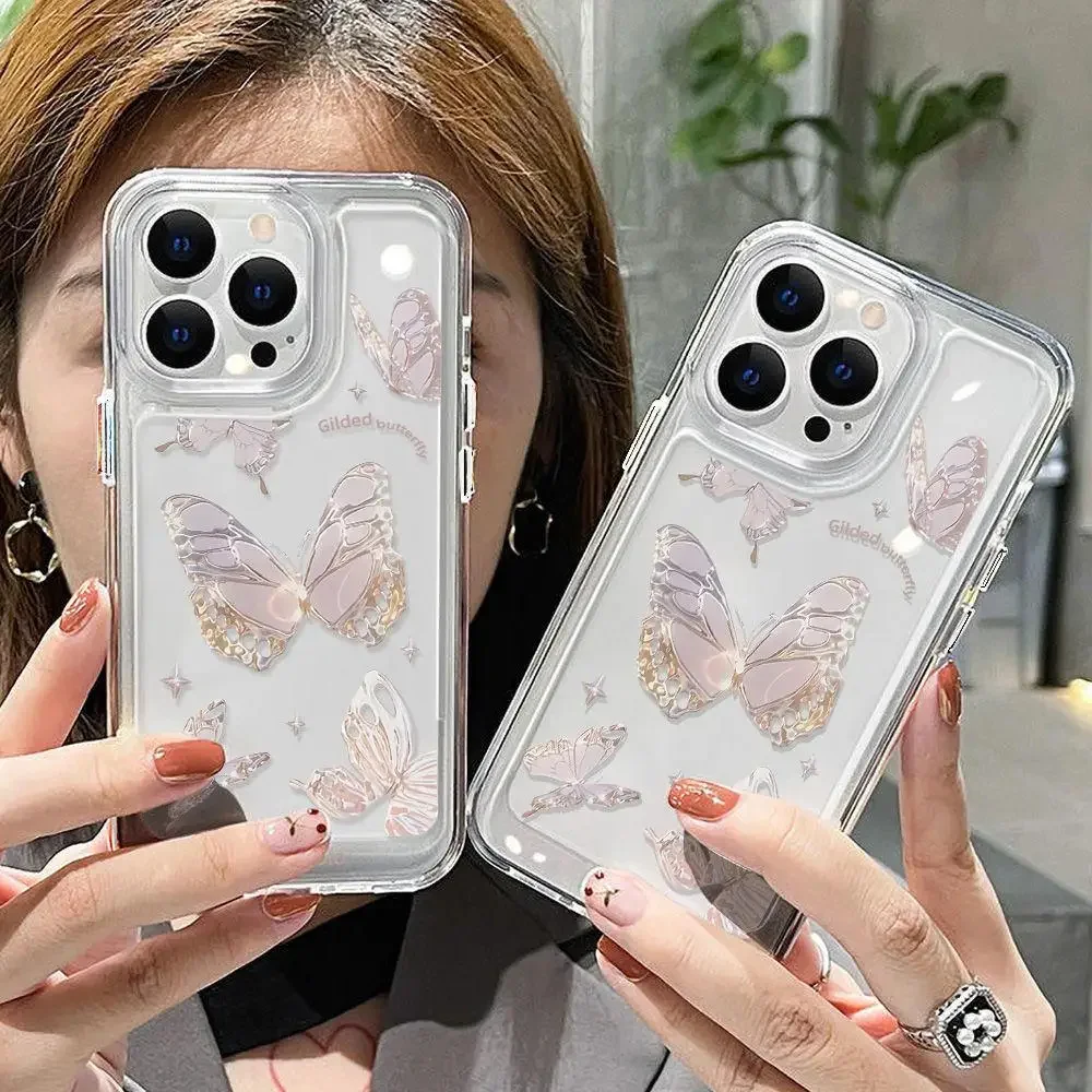 Simple Space Transparent Anti-fall Phone Case For iPhone 15 11 14 13 12 Pro Max Plus Silicone Protect Flower Butterfly Cover