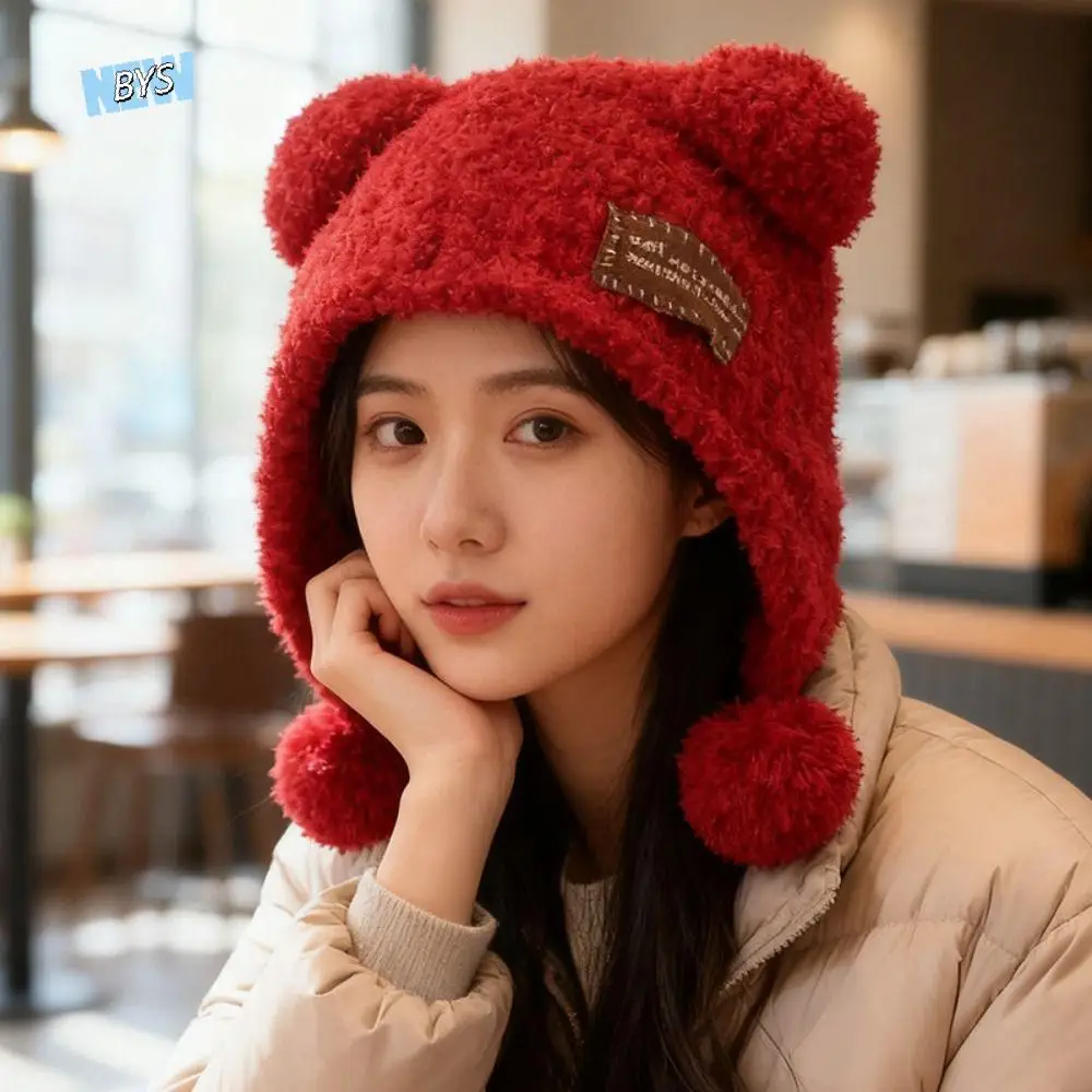 

Cute Fluffy Little Bear Ears Hat Bear Ears Wool Knitted Cap Beanie Woolen Hat Balaclava Hat Outdoor
