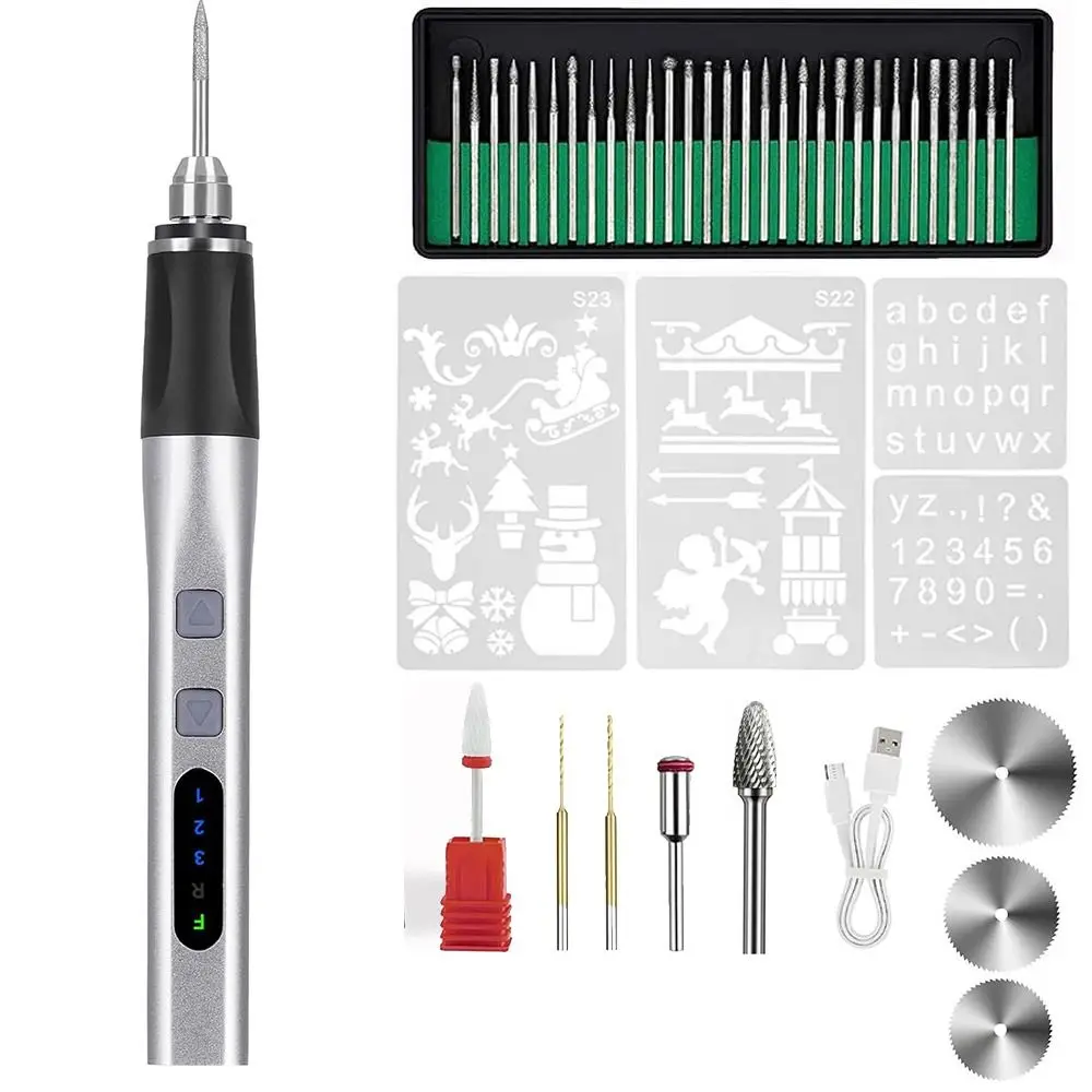 

30 Bits Electric Engraving Pen Set Portable 3 Level Speed Hand Drill Kit 2-Way Rotating 4 Stencils Micro Rotary Polish Tools