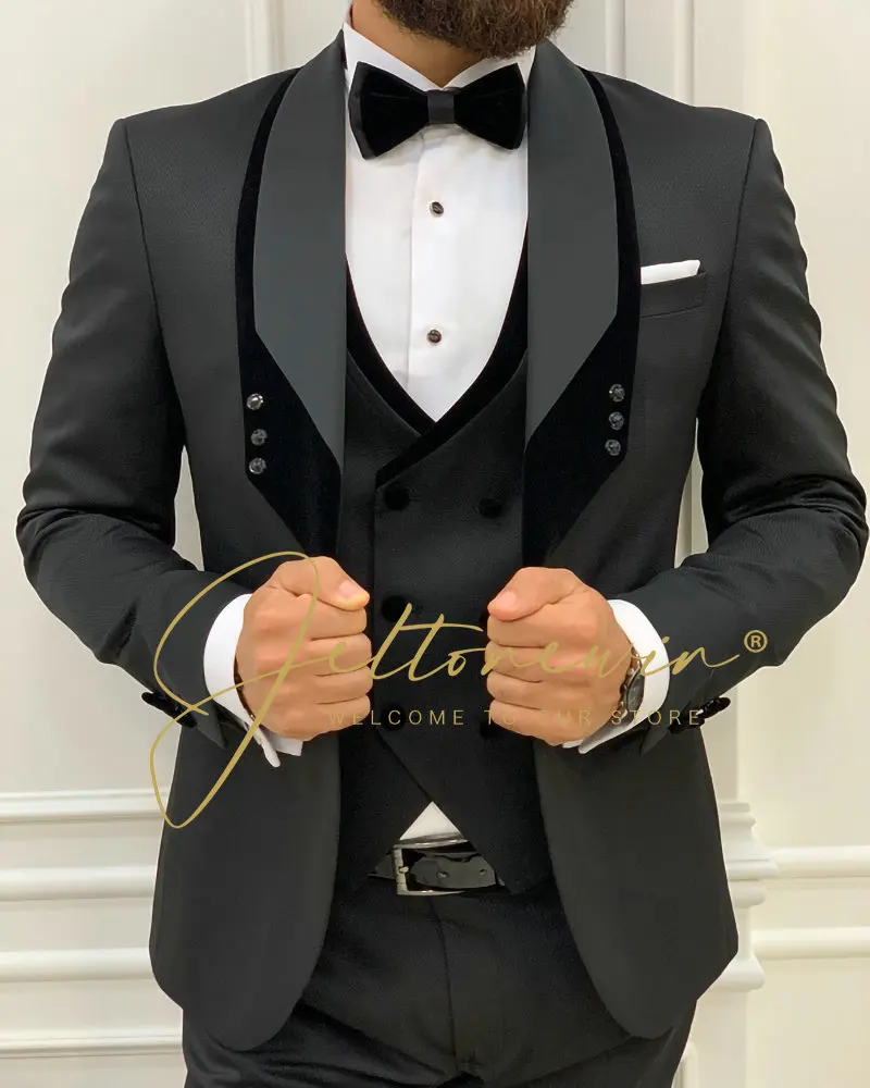 Costume de mariage 3 pièces coupe cintrée noir pour hommes |   Tuxedo formel du marié |   Design classique de haute qualité pour mariages et banquets 2025