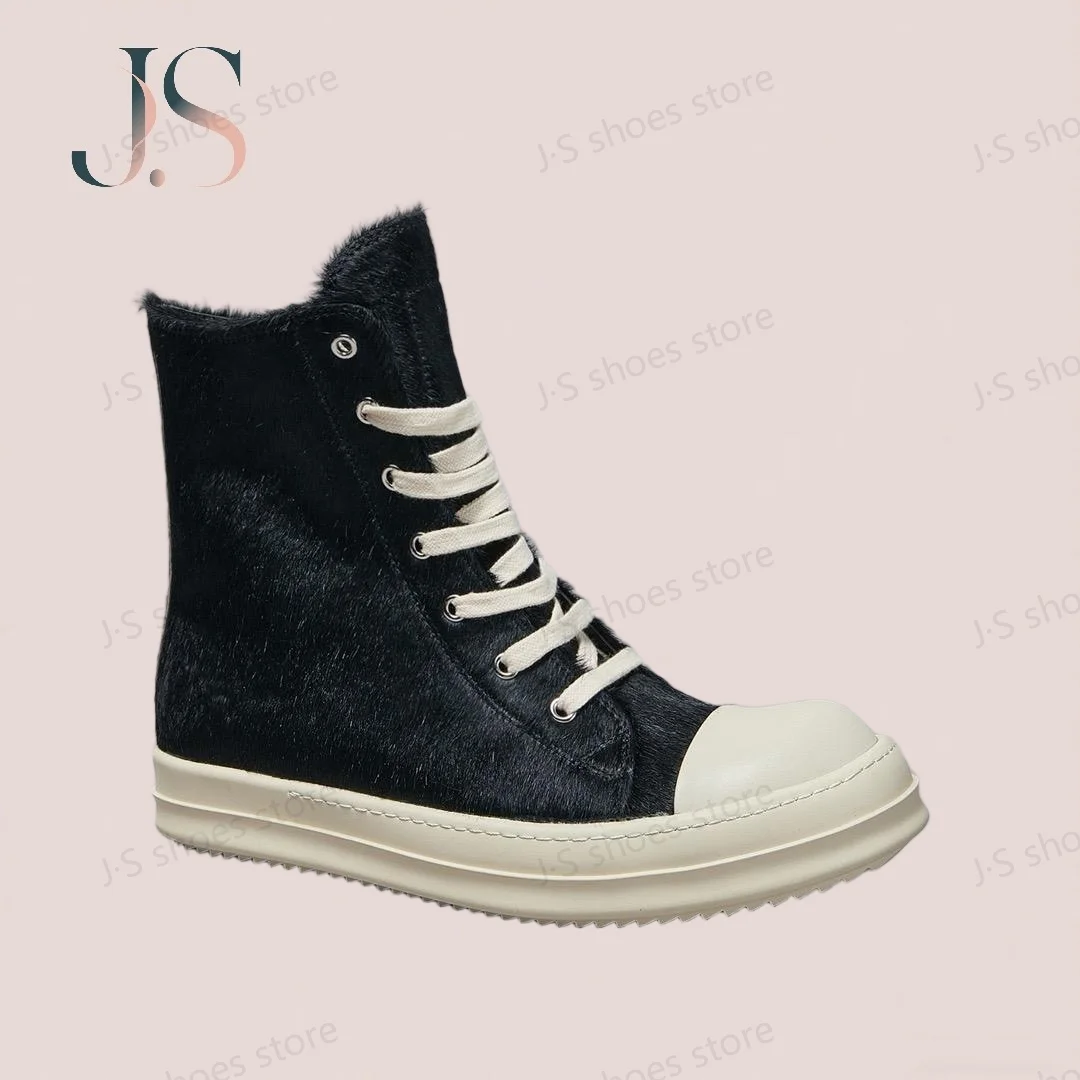 

R-o Classic Men Shoe Black Horse Hair Boots Women Shoes High Top Sneaker Black Horsehair Ankle Boot Zipper Outside Sneakers