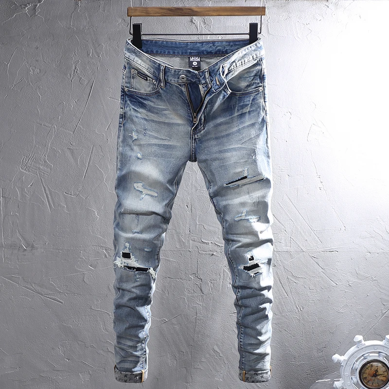 

Italian street fashion men's jeans retro light blue elastic slim fit retro ripple jeans men's patchwork designer hip-hop denim p