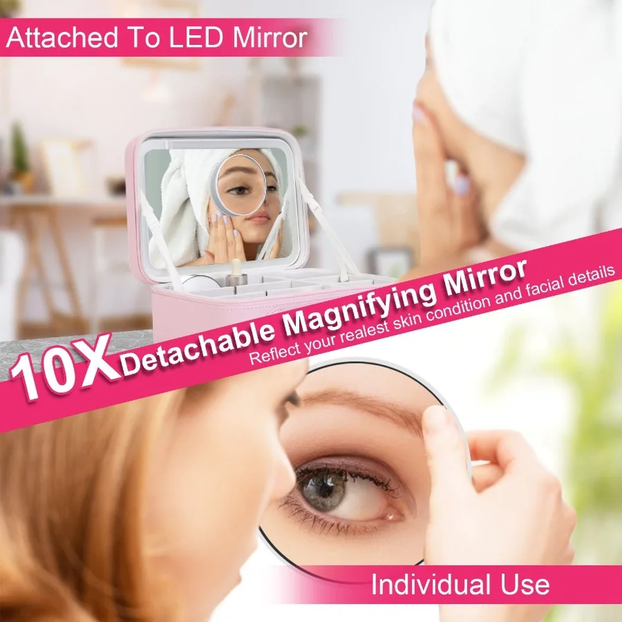 Reise-Make-up-Tasche mit 3 Lichtfarben, dimmbare Helligkeit, LED-Spiegel, abnehmbarer 10-facher Vergrößerungsspiegel, verstellbare Trennwände, Porta