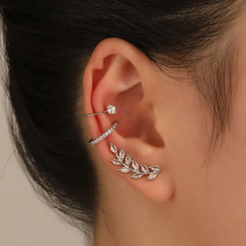 Fashion Zircon Ear Clip Set Gold Color Alloy Leaves Star Heart Stud Earrings for Women Simple Clip No Ear Piercing Jewelry