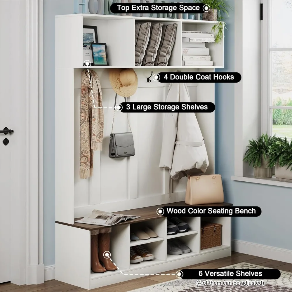 شجرة قاعة خشبية طويلة 75 طويلة على طراز المزرعة مع مقعد ورف معطف ورفوف تخزين للمدخل #3