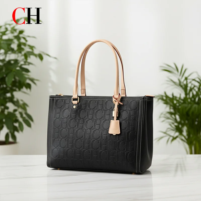 CH Women Anti Collision Embossed Tote Bag Contrast Handle Lock Charm Zipper Closure Business Vacation Shopping Commute