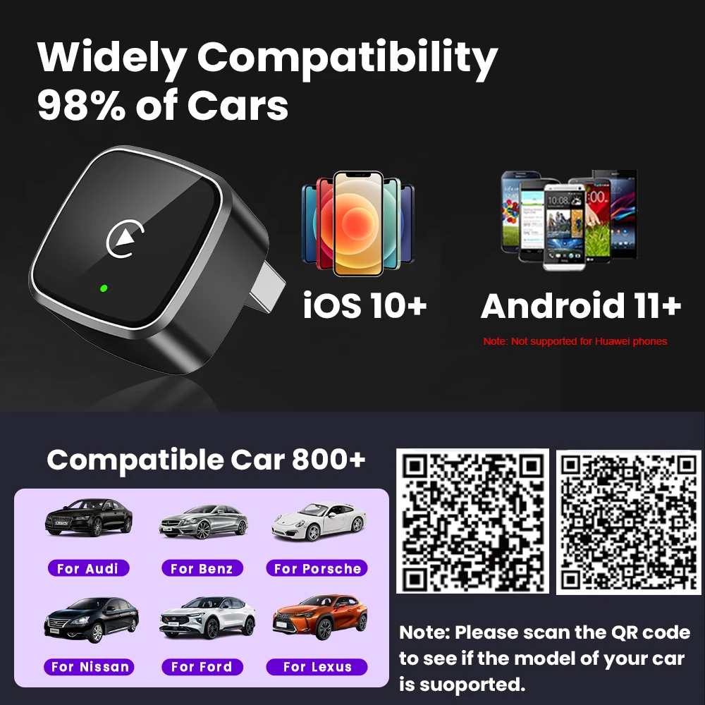 محول Carplay اللاسلكي أندرويد السيارات اللاسلكية الذكية دونغل 2in1 لفولفو بنز أودي كيا هيونداي VW مازدا كاديلاك MG بيجو #6