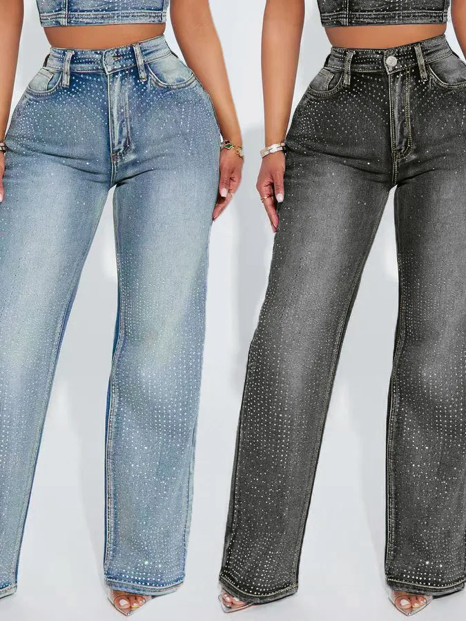 

Женские джинсы с высокой талией и прямыми штанинами, с блестящим алмазным принтом, повседневные, темно-синие, универсальные для всех сезонов