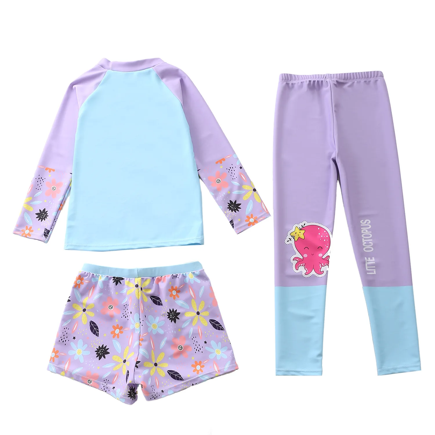 HappyFlute 3PC/Set Cartoon Print  Long Sleeve Small Size 16-28kg Baby Girl's Conservative Sunscreen Swimsuit