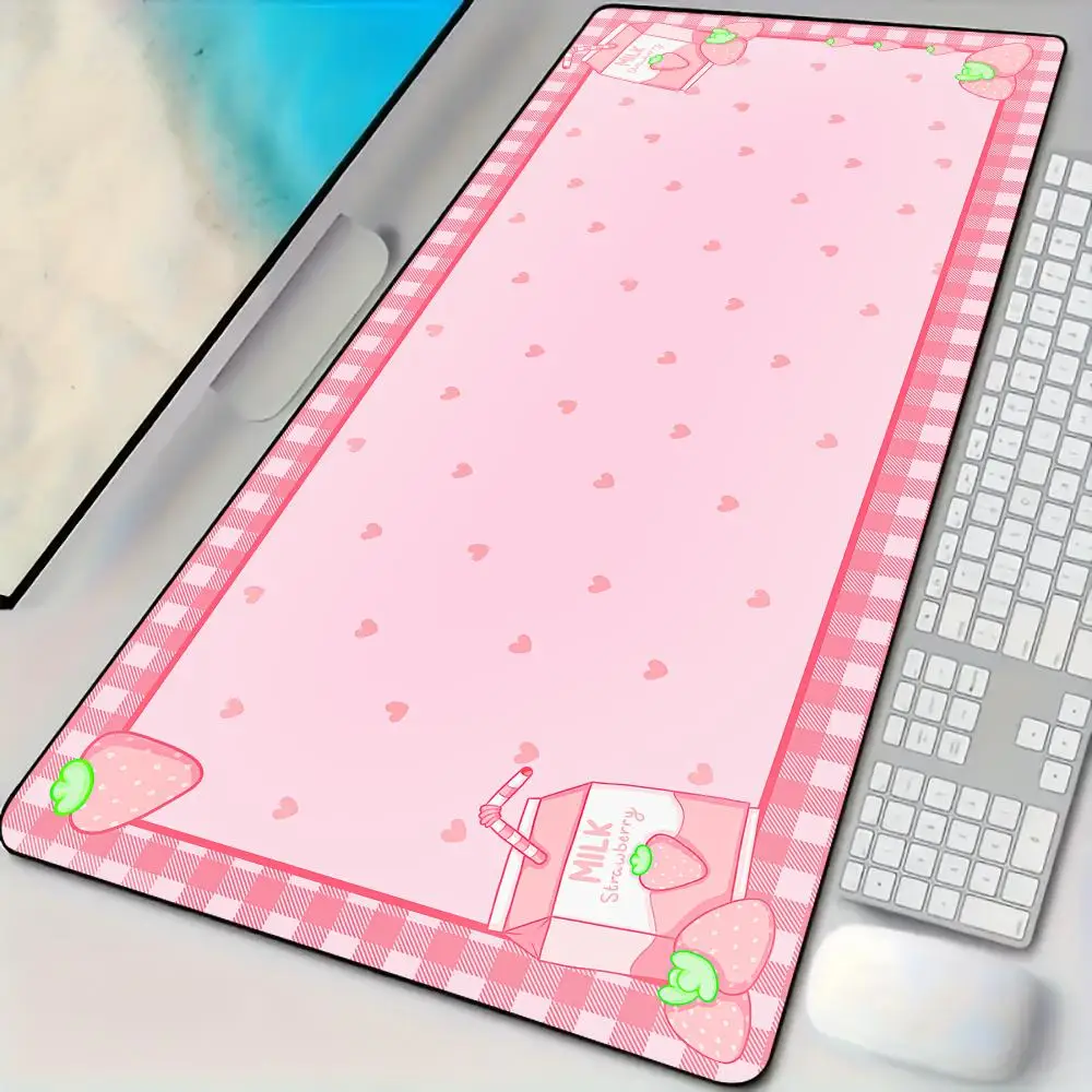 

Pink kawaii Strawberry milk Mouse Pad Desk mat with stitched edges Natural rubber base maus pad suitable for office and gaming