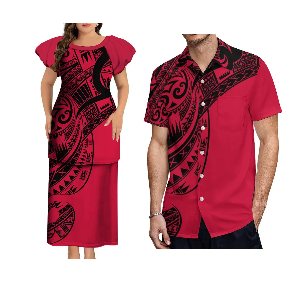 Polynesian Couple Summer Party Dress Casual Shirt Elegant Crew Neck Puletasi Suit Long Dress Samoa Club Fashion Women'S Custom