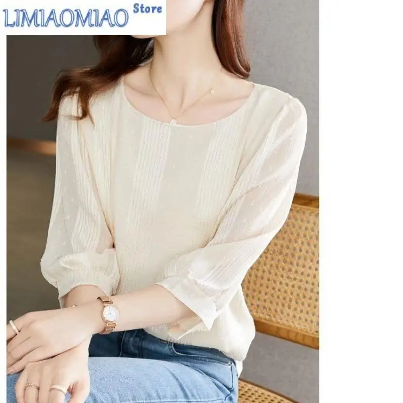 

Round Neck Three Quarter Summer Women's Pullover Solid Color Paisley Sweet T-shirt Casual Loose Elegant Fashion All-match Tops