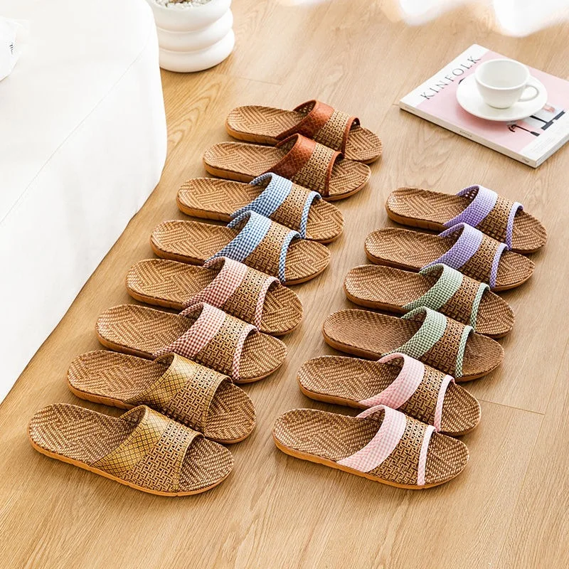 2026 Summer New Linen Rattan Grass Cool Slippers Women's and Men's Home Indoor Floor Slippers Soft Bottom Home Silent