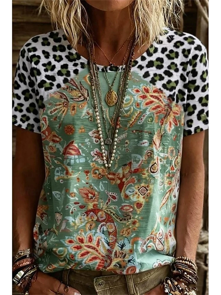 Women's Fashionable Short-Sleeve T-Shirt Pink Leopard-Print Crew-Neck Top Casual and Simple Women's Short-Sleeve Top
