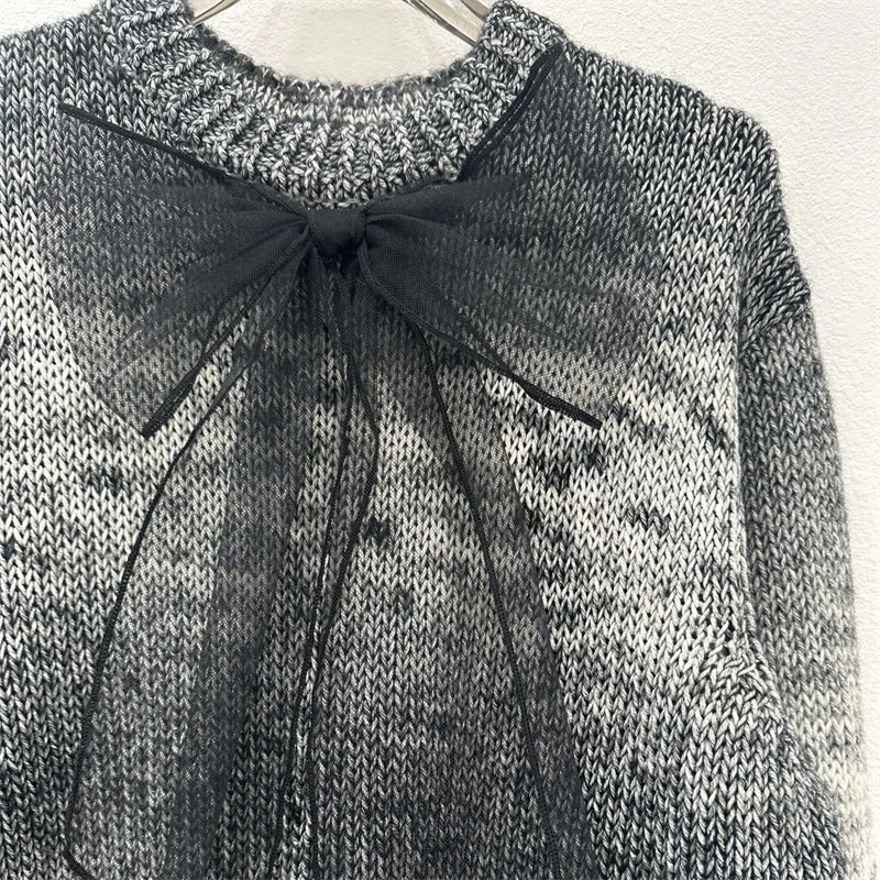 

Женский свитер 2025 г., зимний эластичный вязаный топ с длинными рукавами, шерстяной пуловер с круглым вырезом и украшением в виде банта, трикотаж, женские топы