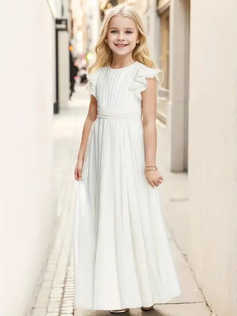Princess Flower Girls Dresses O-Neck Ruffles Sleeves Zipper Back Summer Long Dress Empire Pleated Sashes Little Bridesmaid Dress