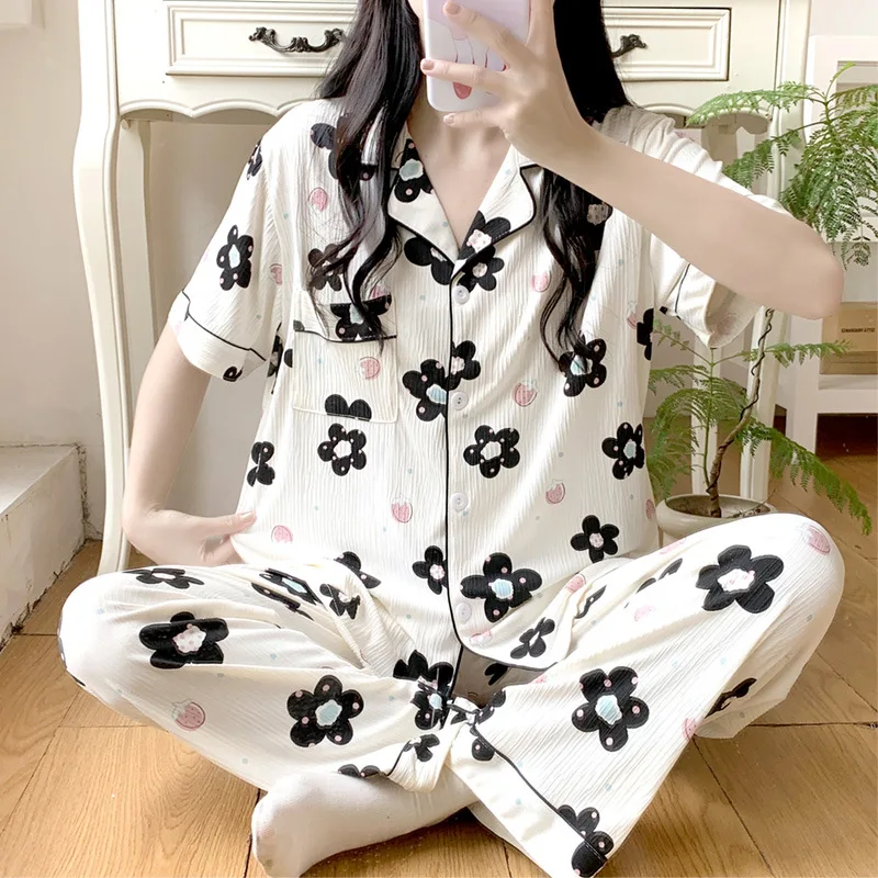 Cotton Short Sleeve Pants Floral Print Woman Satin Pajama Sets Ensembles 2 Piece Lady Outfit Lounge Women Pijama Sleepwear Pj