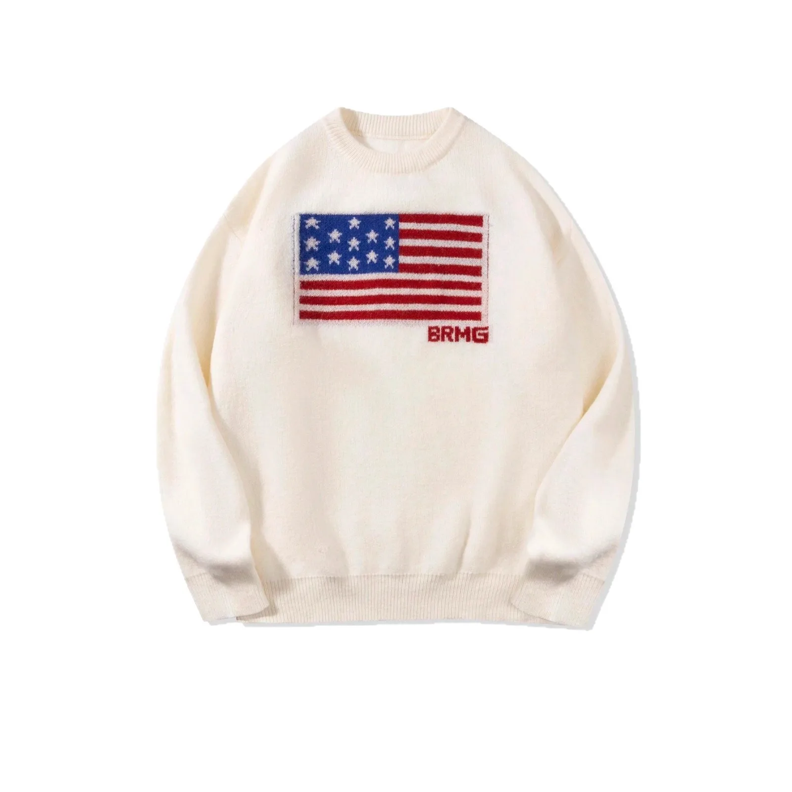 Suéter de inverno europeu e americano, gola redonda, bandeira estrela, unissex, solto, estilo clássico, pulôver de malha de algodão puro