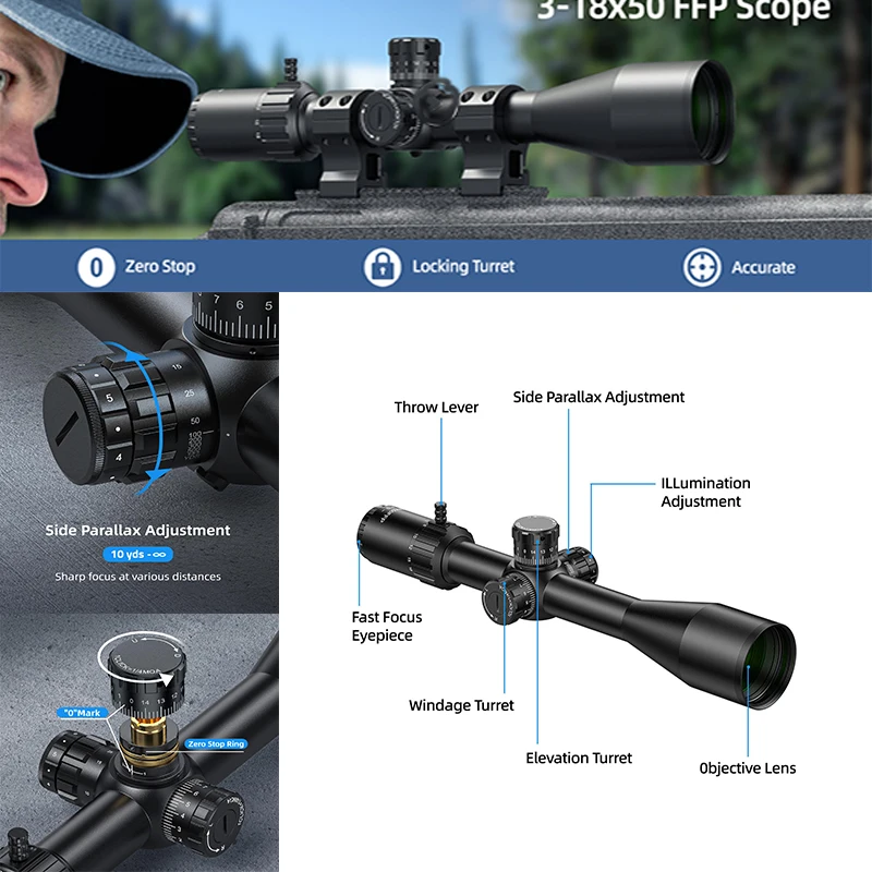 

CVLIFE 3-18X50 FFP Rifle Scope First Focal Plane Optics Sights Illuminated Reticle Parallax Long Range 30mm Tube Riflescope
