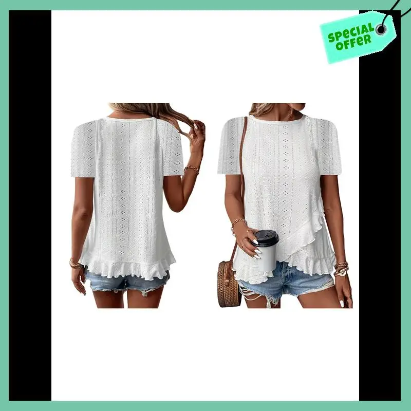 

Sturdy Summer Eyelet Tops For Women 2025 Trendy Asymmetric Hem Shirts Summer Fashion Solid Color Going Out Blouse