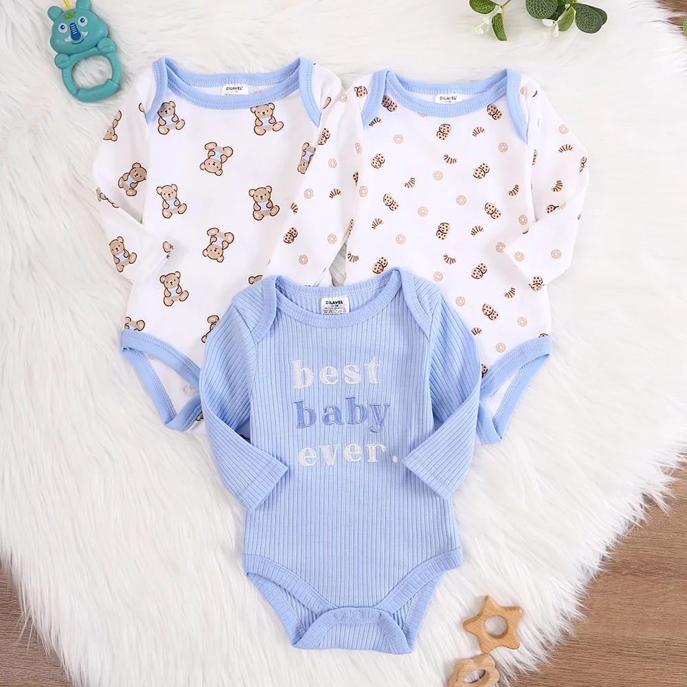 3 uds mono para bebé, nuevo estilo, ropa para bebé, mono de manga larga para Primavera/otoño, tela de algodón adecuada para 0-9 meses