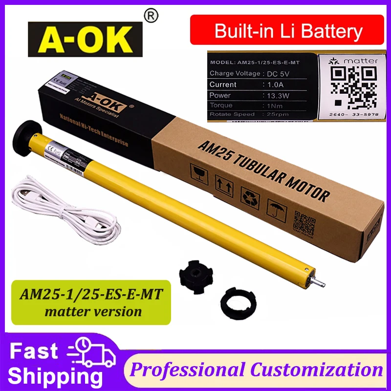 

A-OK AM25 Tuya Matter Smart RF Tubular Motor Li Battery DC Roller Blinds Shutter Curtain Motor for 38mm Tube Alexa Google Home