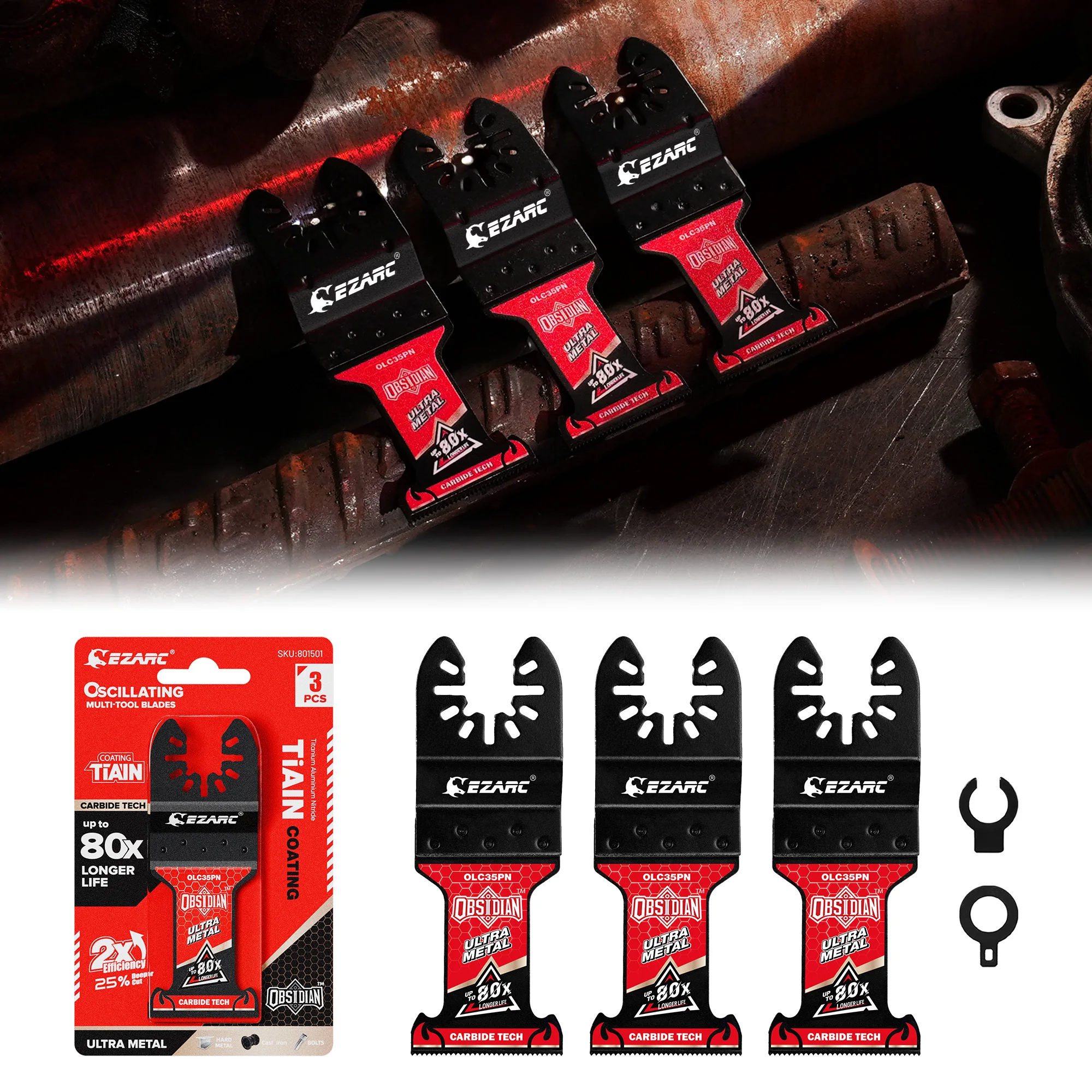 EZARC 3PC Obsidian TiAlN Carbide Oscillating Saw Blades for Hard Metal - Bolts, Screws, Nails and Rebar, Up to 80x Longer Life
