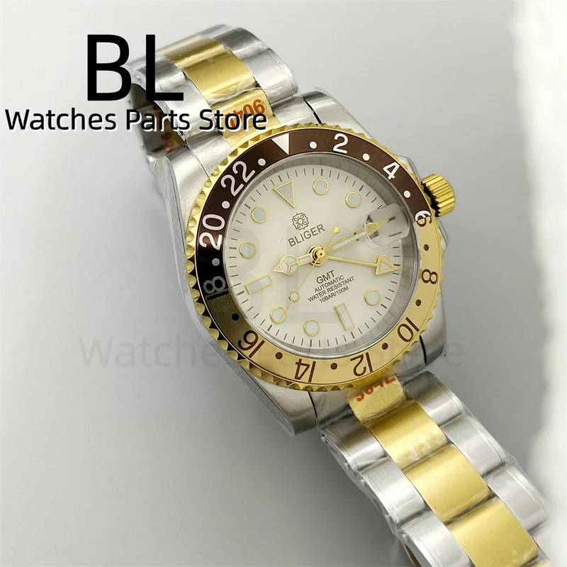 BLIGER 40mm GMT Watch For Men NH34 With Gold Index Bezel White Dial Gold Time Mark Gold Pointer Sapphire Glass Two Tone Bracelet