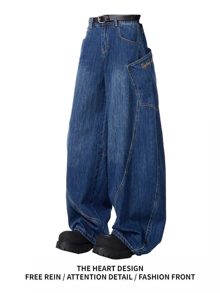 

Retro American Spliced Denim Jeans Women's Casual Loose Straight Leg Pants Large ket Wide Leg Jeans Fall Trend Design