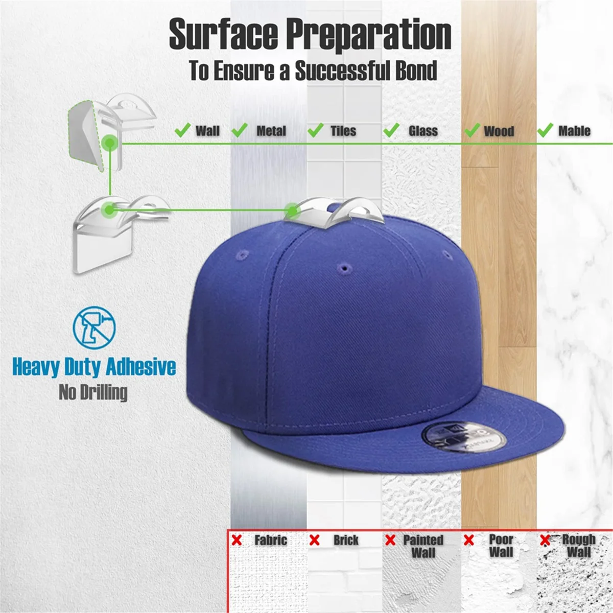 Baseball Hat Holder for Wall, Adhesive Hat Racks for Baseball Caps, Super Strong Hat Display Hooks, No Drilling-B