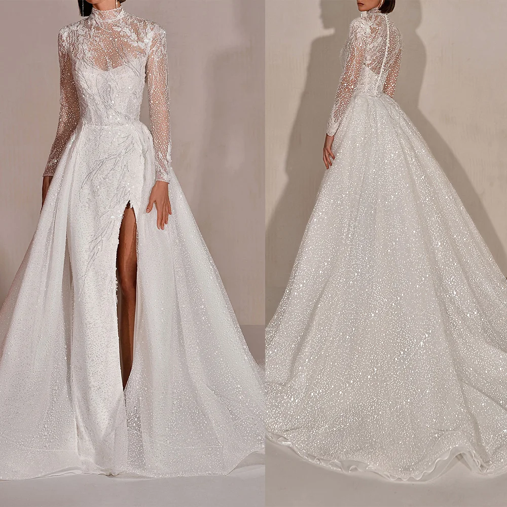 

Wedding Dresses A-Line Stand Collar High Split Appliques Sequins Beading Button Noble Vestidos de novias Bridal Gowns Customized