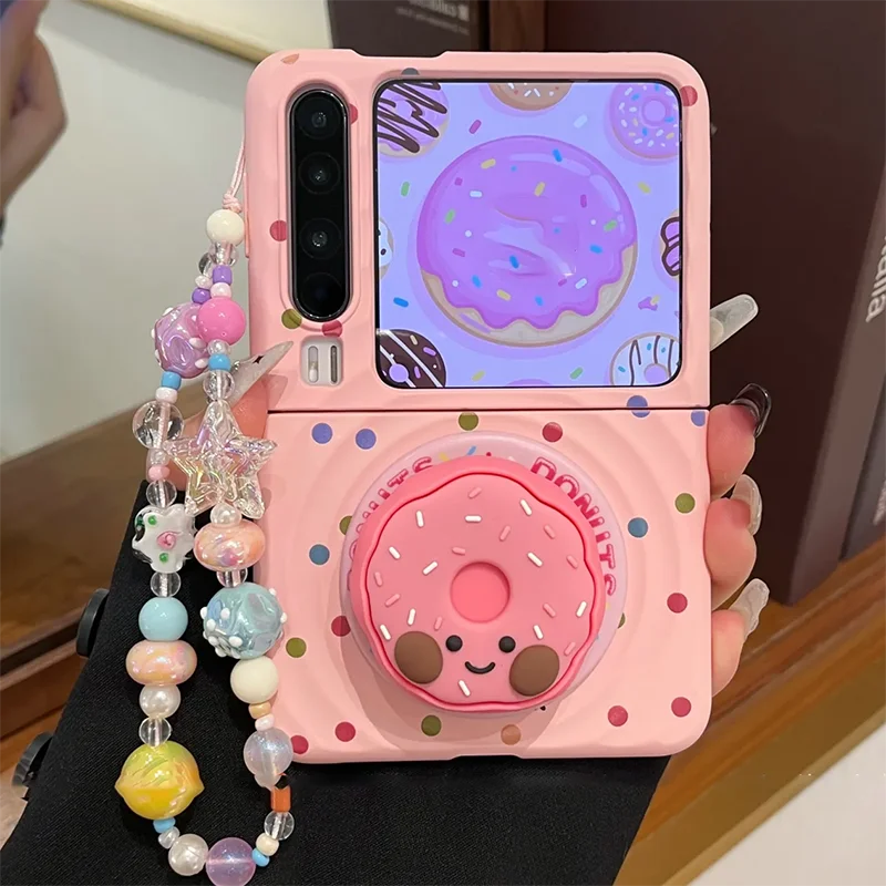 Kawai Doughnut Women Magnetic Stand Phone Case for Samsung Z Flip7 6 5 MagicVFlip2 /Xiaomi Mix Flip Cute Pink Sweet Cover