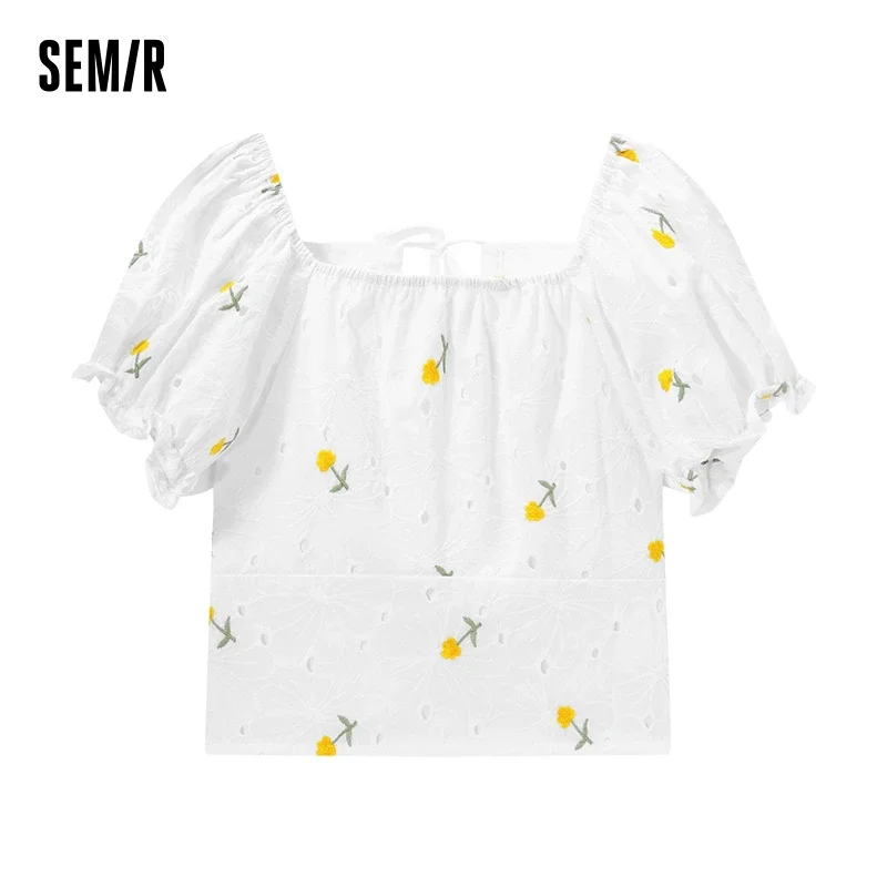 Semir Short-Sleeved Shirt Female Short Section Hollow Embroidery Slim 2022 Summer New Texture Bubble Sleeve Muscle Shirt