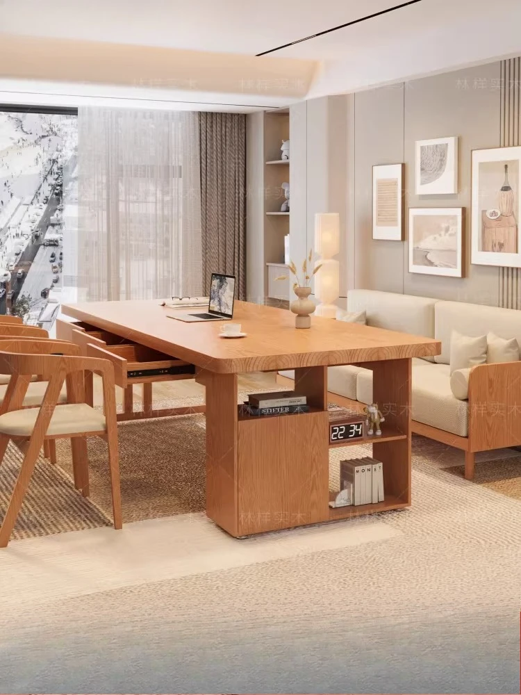 

Nordic solid wood desk simple modern learning reading table bookcase integrated long table