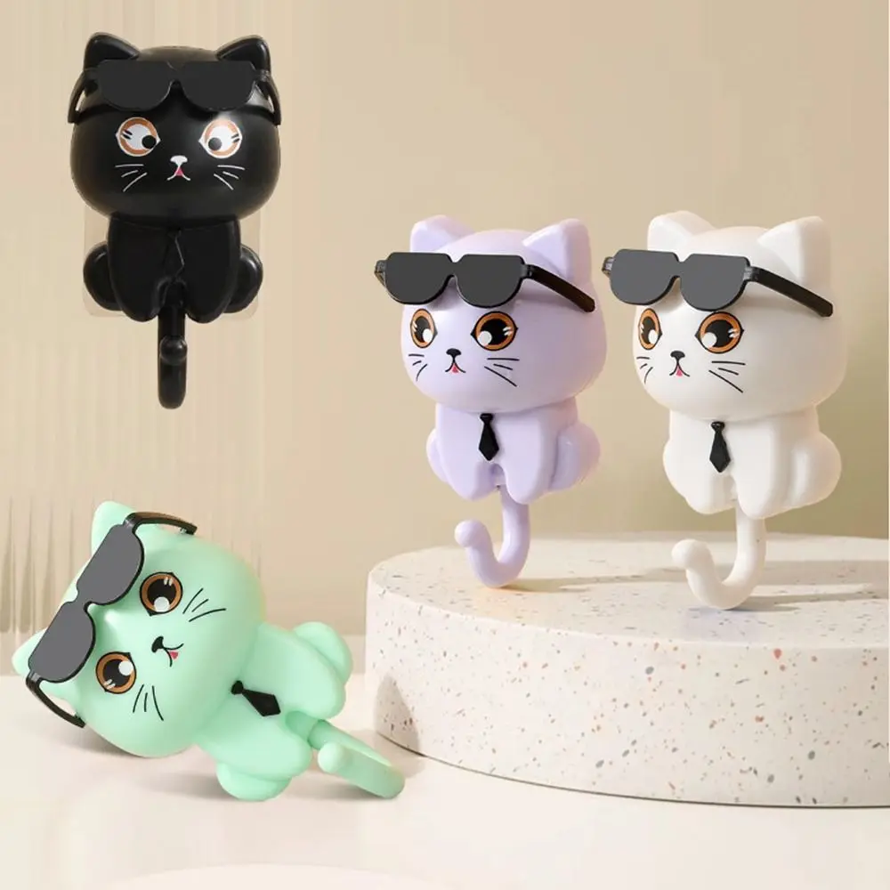 1 Pc Funny Sunglasses Cat Hooks Plastic Wall Hanging Sticky Hooks Waterproof Key Hangers Bathroom Entrance Storage Hooks