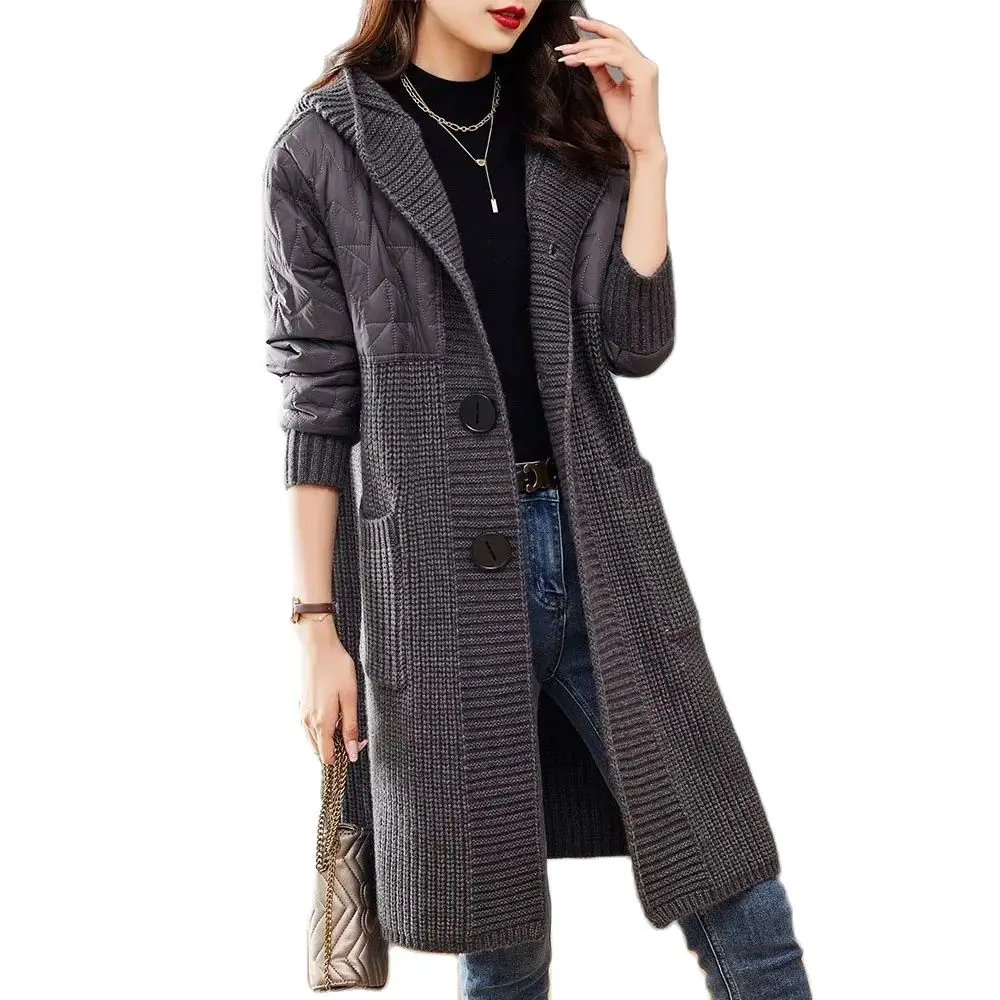 Women Long Hooded Knitted Jacket Autumn Winter Thicken Quilted Warm Sweater Cardigan Coat Ladies Korean Loose Wool Knitting Tops