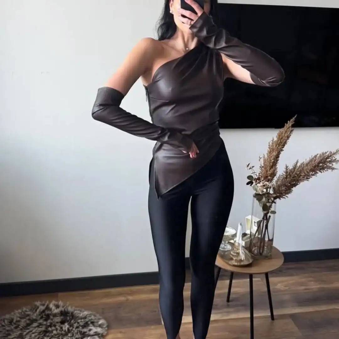 أزياء بلون المنحدر الكتف الجلود أعلى المرأة أكمام الخصر Cinching التخسيس بلوزات قصيرة سيدة اليومية أبلى غير رسمية