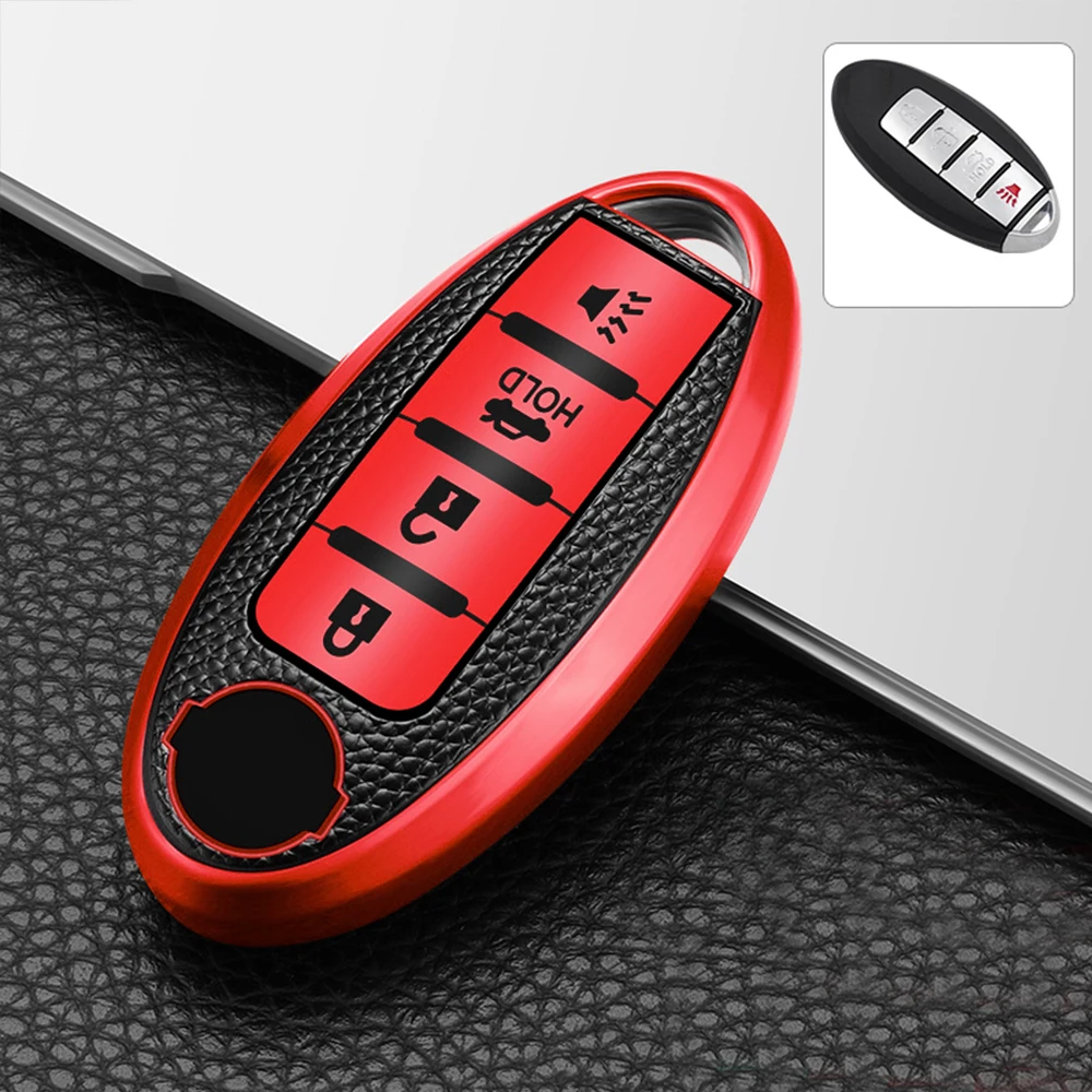 For Infiniti Nissan Altima Maxima Murano Rogue Sentra 370z Leather TPU Car 4Button Key Case Cover Keychain Protector Accessories