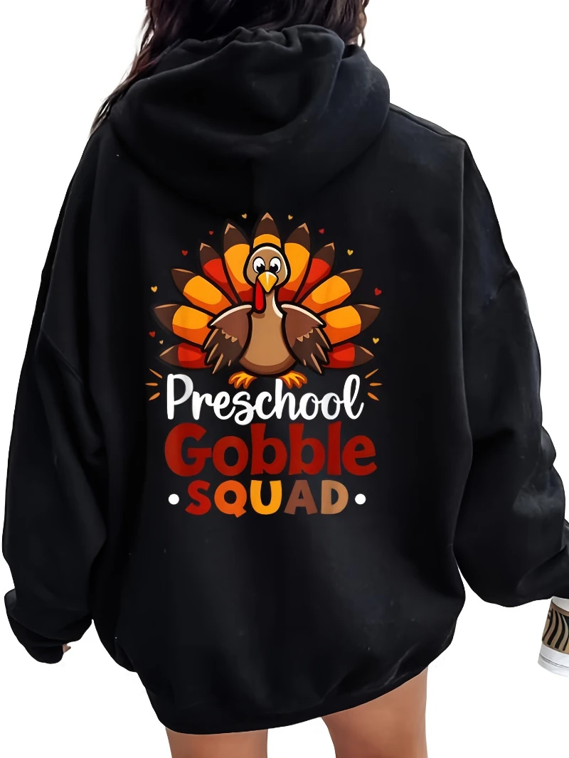 

Women's Kindergarten Squad Teacher Hoodie Cute Turkey & Preschool Back Print Comfortable Casual Pullover Sweatshirt with Pocket