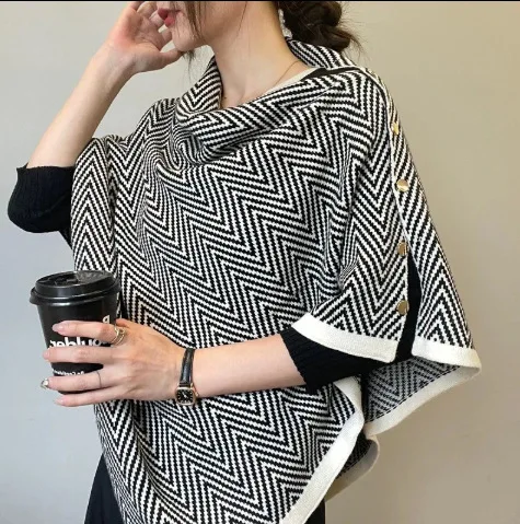 ボタン留めストライプ柄フェイクカシミヤショール-女性用-厚手暖かい冬用スカーフ-ケープ-ラップ-オフィス、旅行、普段着に