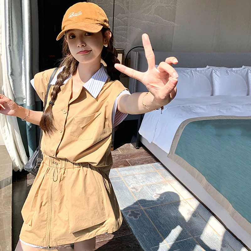 2025 Summer New Leisure Suit Patchwork Striped Single Breasted Sleeveless Vest For Women Drawstring Mini Skirts Set Female