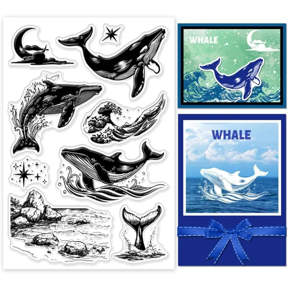 Whales Clear Stamps Marine Life Clear Rubber Stamps Moon Star Silicone Stamps for DIY Scrapbooking Photo Album Decorative Cards