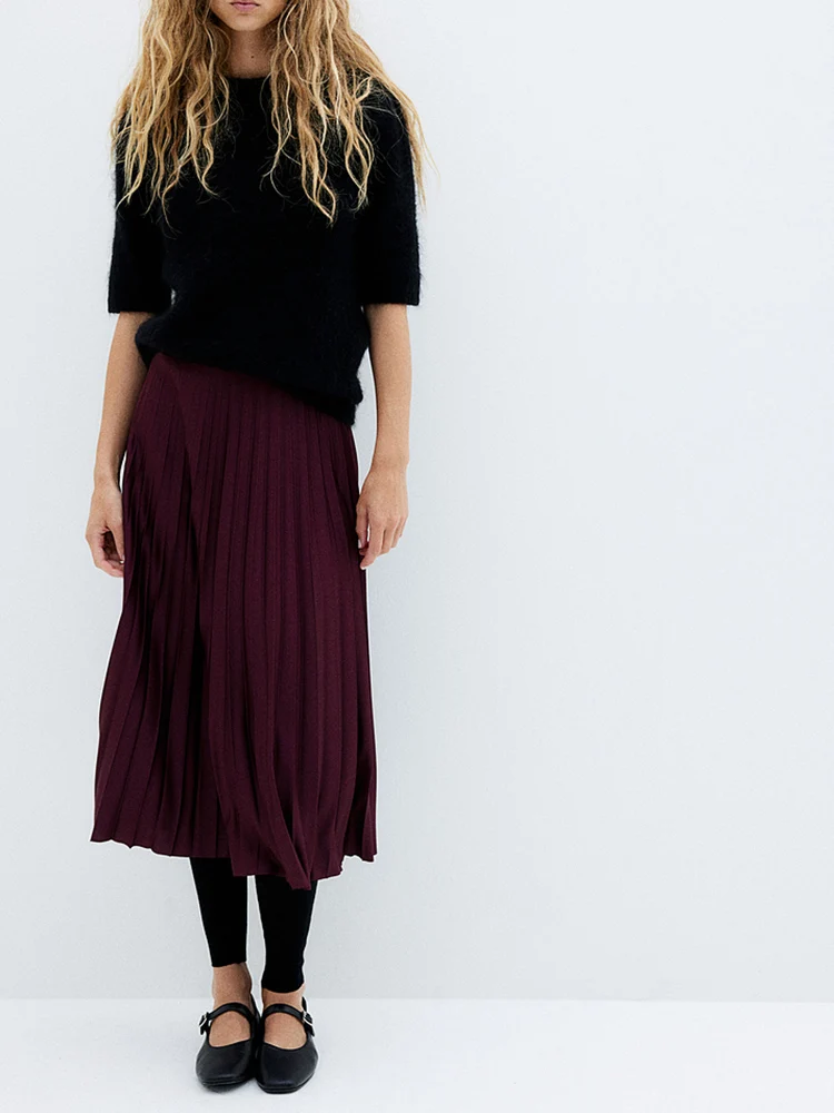 Spring Autumn Wine Red Midi Pleated Skirt Women's Fashionable Retro High Waist Slimming Outerwear Half-length Skirt