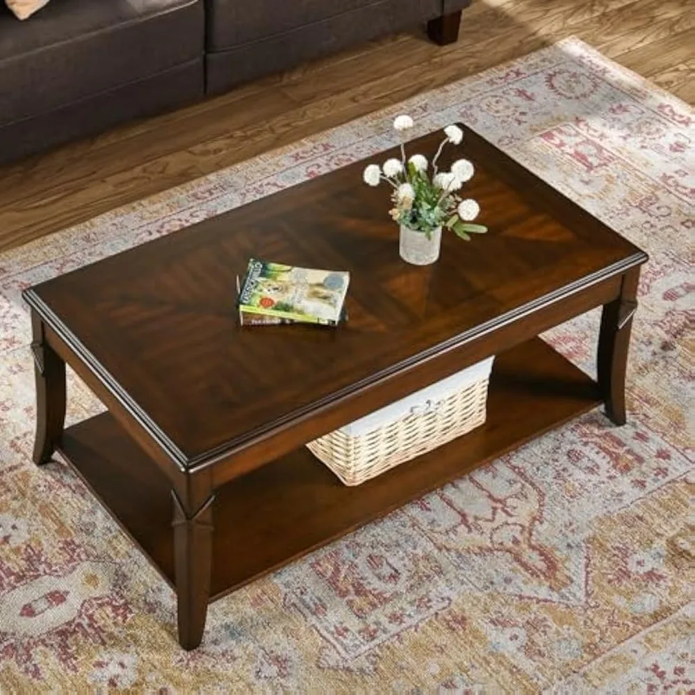 Solid Wood Coffee Table with Storage Shelf,Mid-Century Living Room Table with Wood Carved Tabletop and Leg,43.3Splicing Cocktail