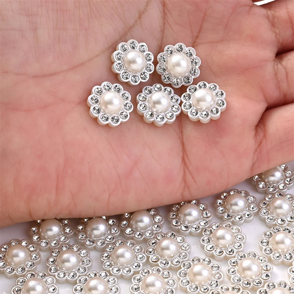 50Pcs Resin Flower Round Pearl Flatback Crystals Nails Rhinestone Appliques Wedding Diy Scrapbook Ornaments Hair Decors Supply