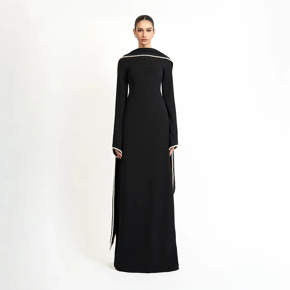 

Wedding Party Dress Customized A Line Pearls Long Sleeves O Neck Evening Gowns Long Shawl Saudi Arabian Formal Evening Dress