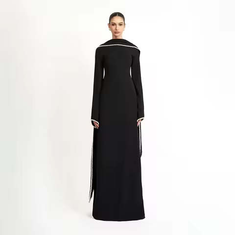 Wedding Party Dress Customized A Line Pearls Long Sleeves O Neck Evening Gowns Long Shawl Saudi Arabian Formal Evening Dress