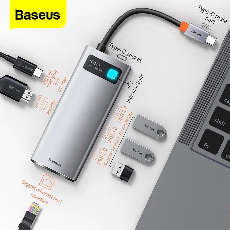 Imagem -01 - Baseus-hub Usb c para Macbook Pro Air Surface Pro Usb 3.0 tipo c Multi Hub Rede Ethernet Dock Station Splitter baseus hub usb c para macbook pro air surface pro usb 30 tipo c multi hub rede ethernet dock station splitter 01