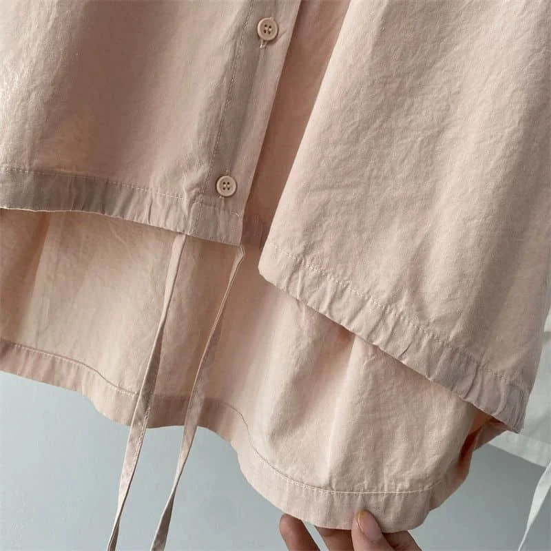 Cotton Shirts for Women Vintage Short Sleeve Polo-neck Casual Summer Single Breasted Korean Style One-piece Blouse Women Tops